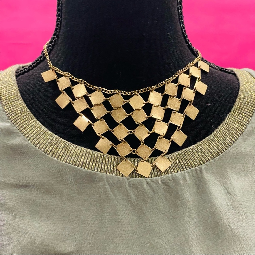 Antique Gold Tone Chainmail Style Square Bib Statement Necklace